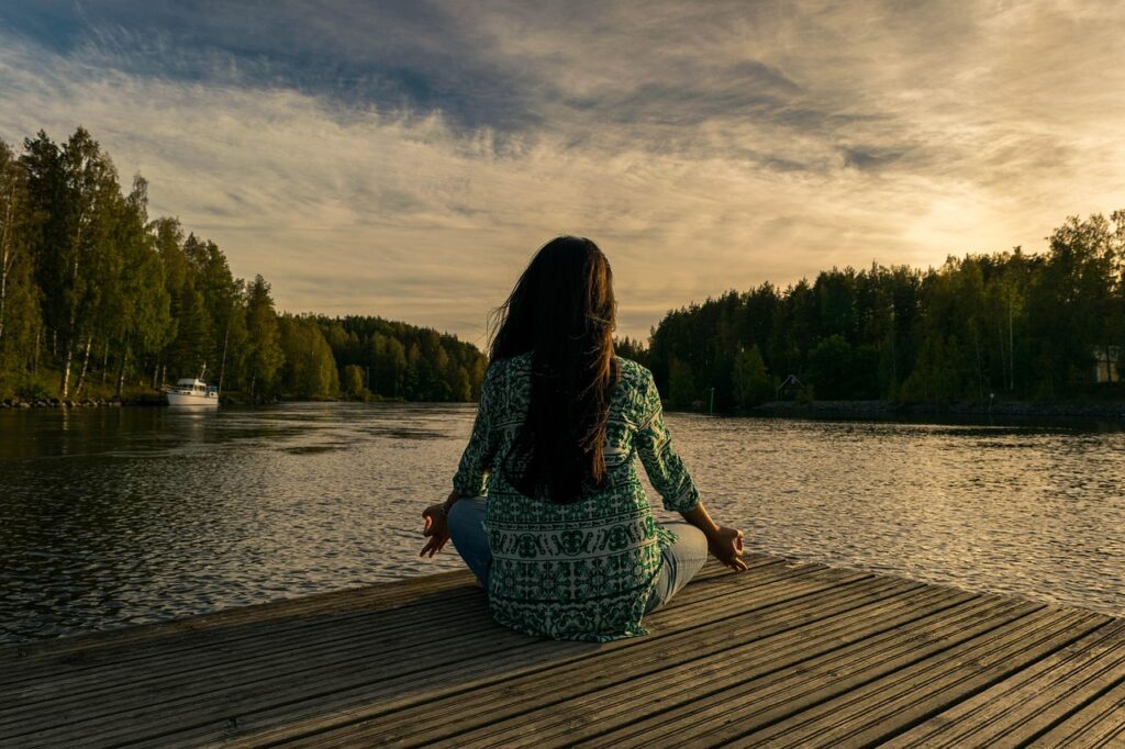 yoga, woman, nature, lake, outdoors, lotus pose, meditation, mindfulness, balance, meditating, wellness, sunset, twilight